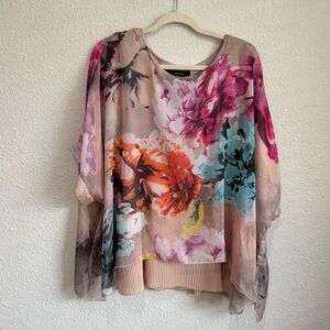 Ali Miles Womens Large Chiffon Floral Printed Blouse Tunic Vacation Artsy Boho